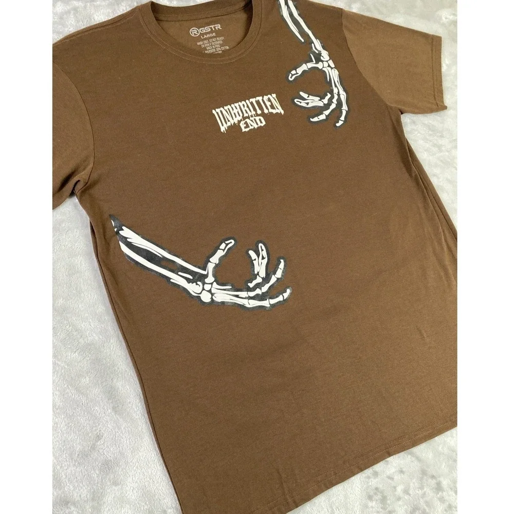 RGSTR‎ T-Shirt Men Large Brown Unwritten End Skeleton Graphic Streetwear Tee